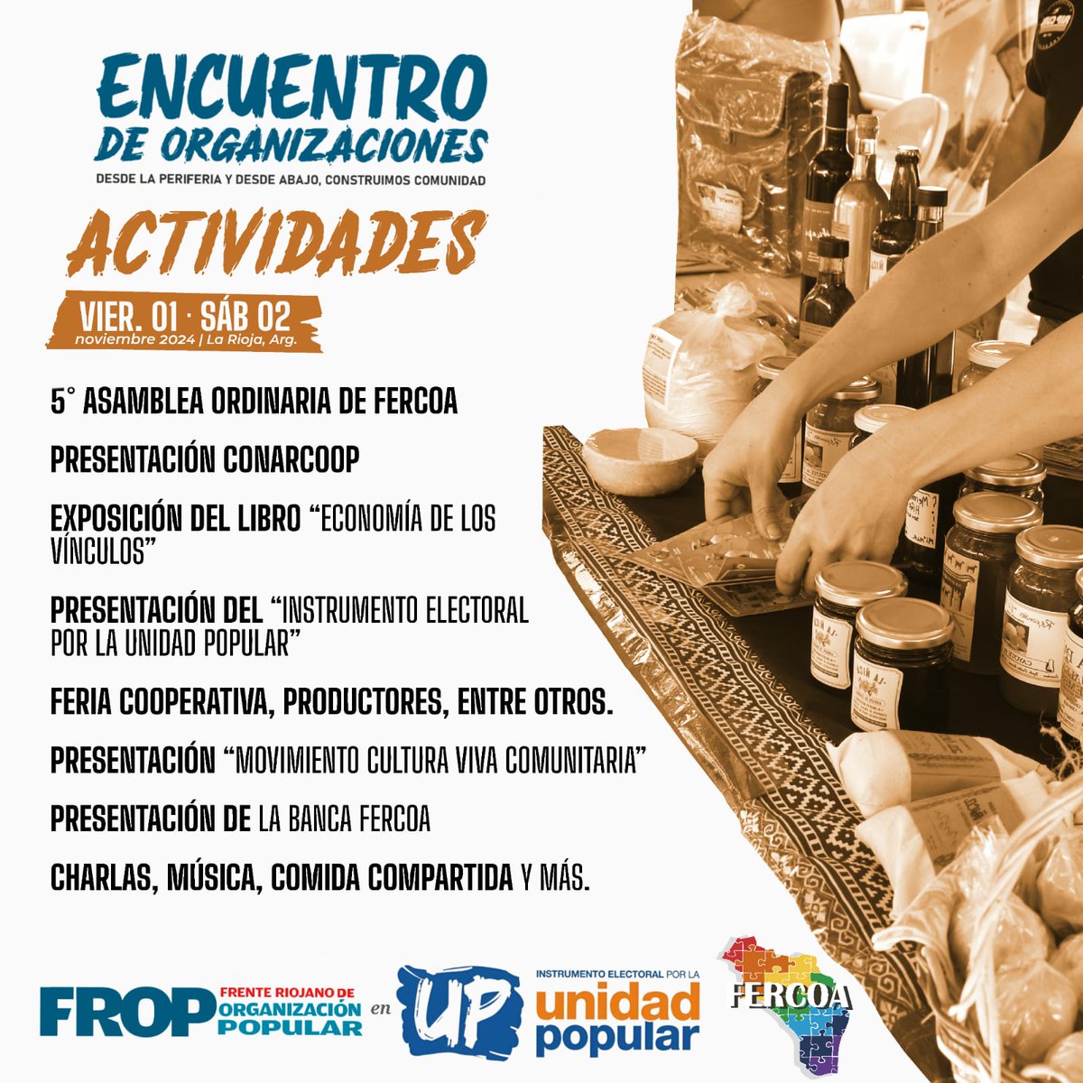UnidadPopularOK's tweet photo. VIERNES 01 y SABADO 02/11
en la Provincia de La Rioja 

Encuentro de Organizaciones 
Desde la periferia y desde abajo, construimos comunidad

#UnidadPopular #UP #FROP #LaRioja #FERCOA https://t.co/nRBh1ivuwD