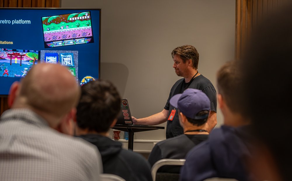 We had a 2 hour talk at Konsoll 2024, Norways largest game development convention in Bergen today about "Modern Game Development for Retro Platforms".

Thanks to everyone who showed up and attended 🕹️❤️

#gamedev #konsoll #konsoll2024 #retrogaming #retrogamedev #c64 #amiga