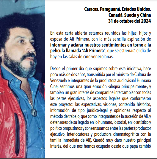 Carta en torno a la película de Alí Primera, emitida por María Fernanda, María Ángela, Jorge Ernesto, Sandino, Servando, Florentino y Juan Simón Primera, y Sol Mussett de Primera

(1/5)