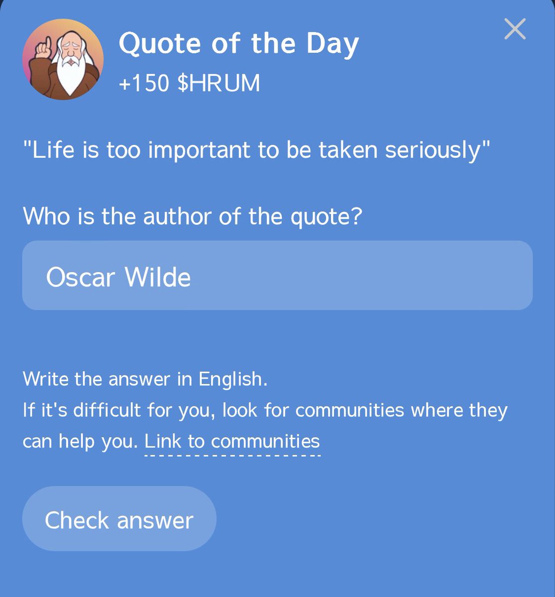 web3weekly_'s tweet photo. #Hrum daily Quote 31 Oct🗓️

✍️ Answer: Oscar Wilde

🎁 Claim: 150 $Hrum

✅ Join:https://t.co/kugfriUrfe https://t.co/E5Wyyh4dlh