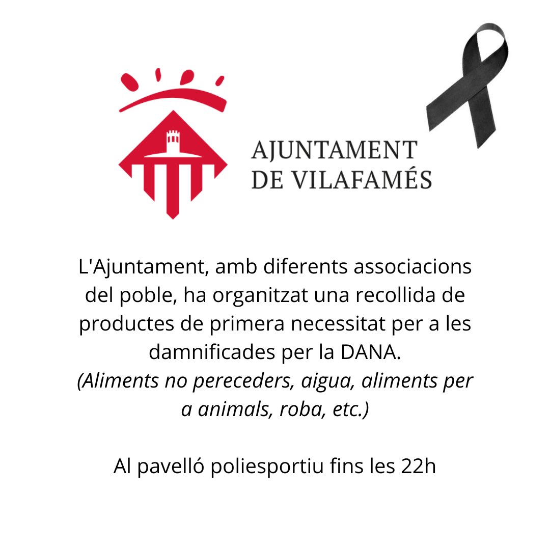 L'Ajuntament de Vilafamés, amb la col·laboració de diferents associacions del poble, ha organitzat una recollida de productes de primera necessitat per a les damnificades per la DANA.
