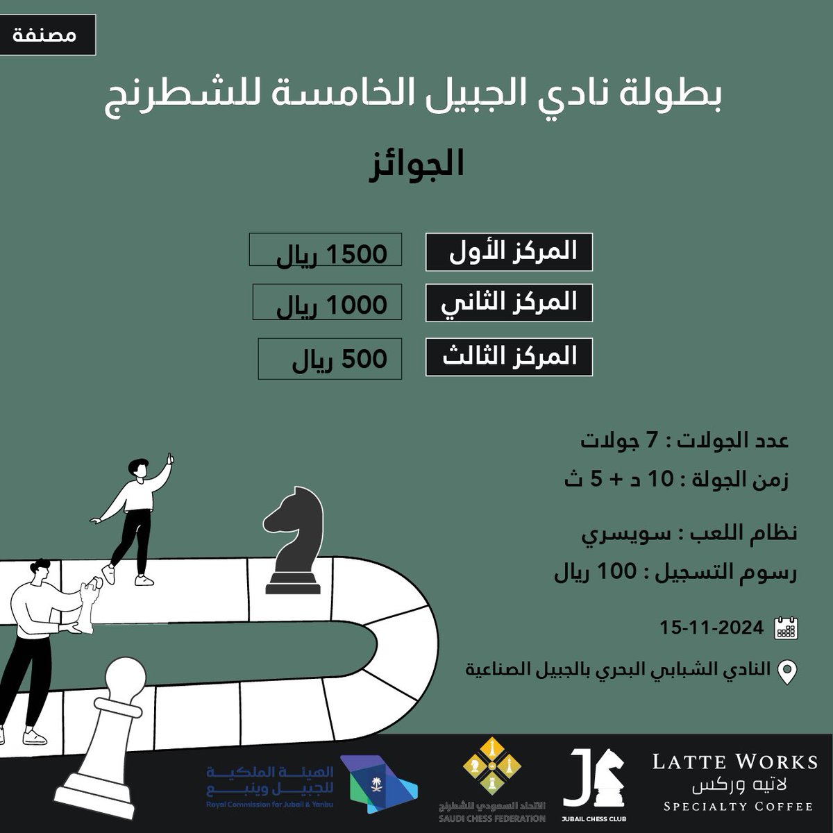 ضمن برنامج #الشرقية_تبدع يسعدنا الإعلان عن إقامة بطولة الجبيل الخامسة للشطرنج، بالتعاون مع <a href="/pr_rc_jubail/">RCJY</a> و <a href="/KSAchess/">الاتحاد السعودي للشطرنج</a> وشريك النجاح الدائم <a href="/latte_works/">LATTE WORKS</a> 

<a href="/EPGetsCreative/">#الشرقية_تبدع</a> 

شطرنج سريع⚡️
جميع الفئات🙋🏻‍♂️🙋🏻‍♀️
مصنفة دوليًا ✅
جميع الدول 🌎

للتسجيل 🔻
forms.gle/hPpSuZckjDcT5k…
