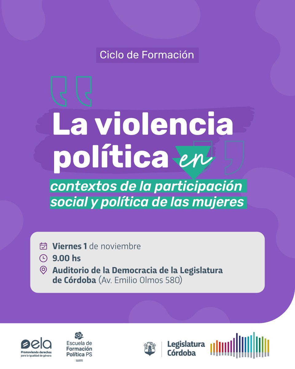 🎤🏦Mañana desde la <a href="/LegislaturaCBA/">Legislatura de Córdoba</a> junto a <a href="/EquipoELA/">ELA</a> y un panel imperdible de grandes legisladoras Nacionales, Provinciales y Municipales en un nuevo ciclo 👇

🔗 Link del programa shorturl.at/zc8R3

⌛Por la tarde talleres y formación política junto a <a href="/mujeres_psarg/">Mujeres Socialistas Argentina</a> 💜