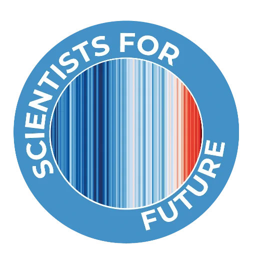The image depicts the logo of "Scientists for Future", a global initiative sharing scientific evidence regarding meaningful climate action.