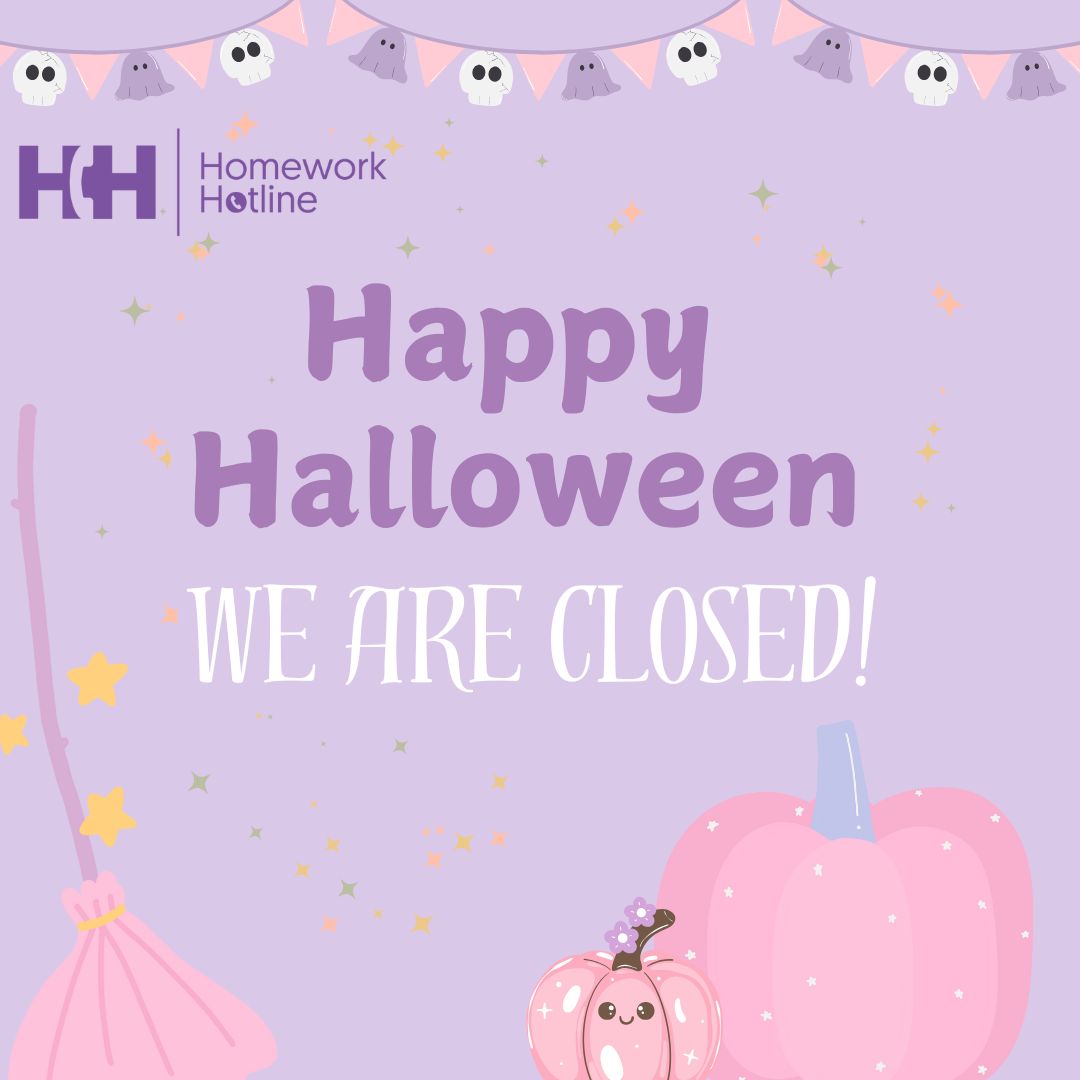 We're closed tonight for Halloween. Be safe out there. Give us a call on Monday 11/4! Teachers will be available 4-8pm CST. 
We will be closed on Tuesday 11/5 for Election Day.
615.298.6636
#HomeworkHotline
#freehomeworkhelp