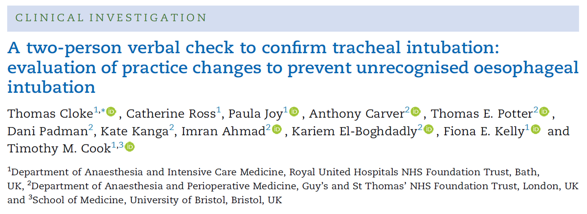 Tim Cook (@doctimcook) on Twitter photo TWO PERSON CHECKING TO LESSEN RISK OF OESOPHAGEAL INTUBATION is feasible & acceptable Great to see this paper in early access in
<a href="/BJAJournals/">British Journal of Anaesthesia</a>
A simple feasibility study supported both 2-person checking of capnograph trace (sustained exhaled CO2) & 2-person checking of TWO PERSON CHECKING TO LESSEN RISK OF OESOPHAGEAL INTUBATION is feasible & acceptable Great to see this paper in early access in
<a href="/BJAJournals/">British Journal of Anaesthesia</a>
A simple feasibility study supported both 2-person checking of capnograph trace (sustained exhaled CO2) & 2-person checking of