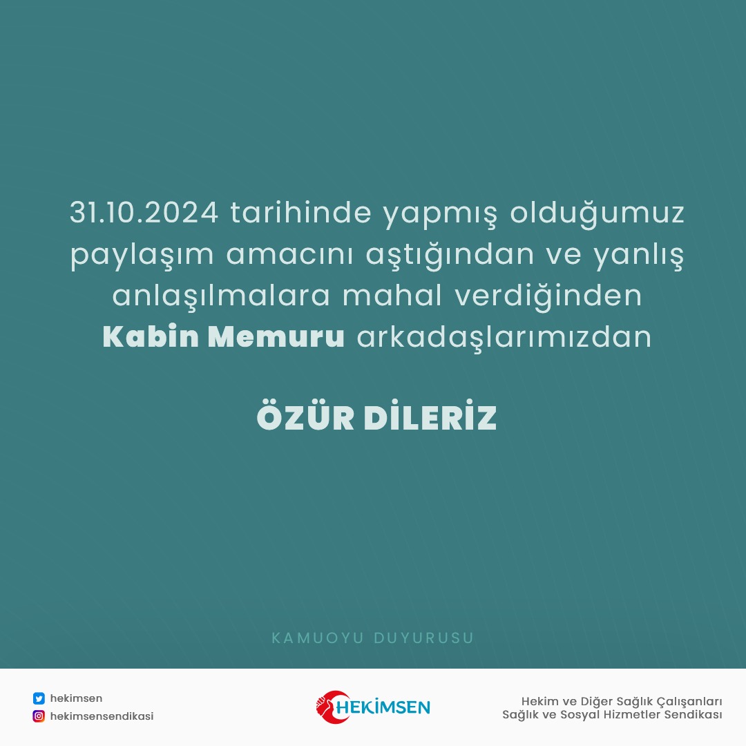 hekimsen's tweet photo. AÇIKLAMA
Biz bütün çalışanların hakettiği ücretleri almasını, ekonomik refahın içerisinde yaşamasını savunan bir sendikayız. 

Sildiğimiz paylaşımın amacı kabin memurlarının ücretini tartışmak değil, hekimlerin ücretlerindeki sorunu dile getirmekti. Fakat kelimelerin manalarını aştığını ve kabin memurları arkadaşlarımızın incitildiğini üzülerek gözlemledik. Amacımız ve dikkat çekmeye çalıştığımız konunun odağından sapması nedeniyle, yanlış anlam yüklenmelerinin önüne geçmek adına paylaşımımızı kaldırdık. .

Tüm çalışanların ekonomik refah için hak ettiği ücretlerin alması gerektiğini savunuyor ve bu konuda meslekler arasında çatışma varmışçasına anlam yüklemelerinin karşısında olduğumuzu dile getiriyoruz. Bütün çalışanların karşı karşıya değil omuz omuza olmasına çalışıyoruz. 

Özelde, Sendikamızın faaliyet alanında bulunanlar, genelde ise tüm çalışanların  emeklerinin karşılığını alması için çabaladığımızı, bu yolda meslekler arasında herhangi bir çatışmaya mahal, taviz ve fırsat vermeyeceğimizi, çatışarak değil birleşerek haklarımızı alacağımızı dile getiriyor, bu konuda niyet ve amacımızı açıkça ortaya koyuyor ve paylaşımın amacından sapması ve kamuoyunda yanlış algılanması nedeniyle incinen emekçilerden de özür dileyerek konuyu bu hassasiyetle değerlendirmesini rica ediyoruz.

@Havaisorgtr
@oztasimais
@havasentr
