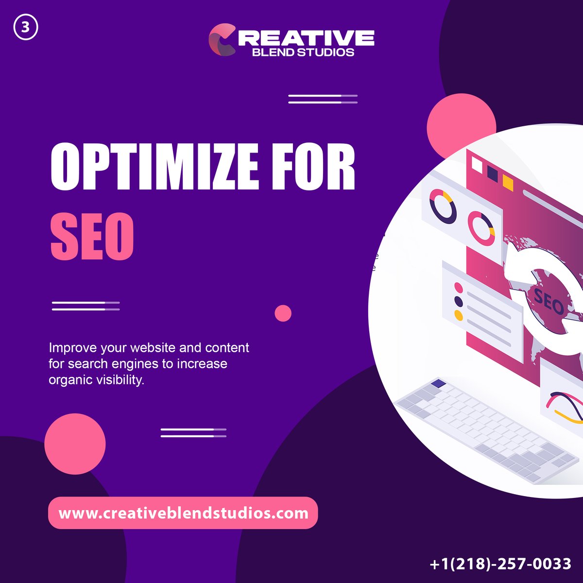StudiosBlend's tweet photo. Boost your online presence with SEO!
At Creative Blend Studios, we optimize your website and content to enhance search engine visibility and drive organic growth. Let's make your business stand out!

Visit now: https://t.co/0LOHQR9rqZ or
Call us today at +1 (218)-257-0033. https://t.co/RDmg3mfyBD