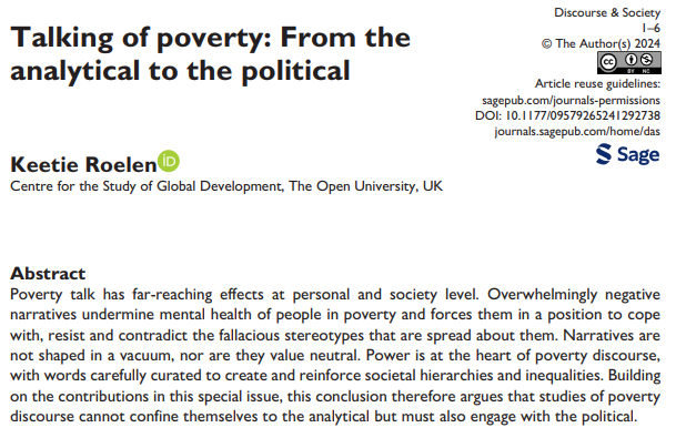 KeetieRoelen's tweet photo. Studies of #poverty #discourse cannot confine themselves to the #analytical but must also engage with the #political
Check out my new article in Discourse & Society about #povertytalk
👉https://t.co/benV1U8aJH https://t.co/RFjk5BS1AY