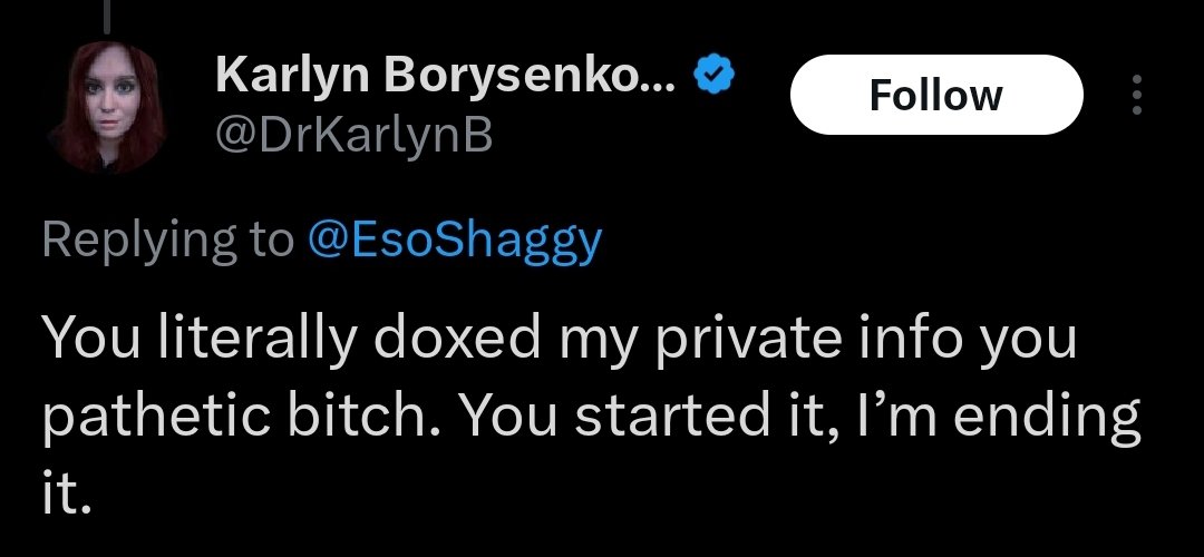 EsoShaggy's tweet photo. Karlyn Borysenko is CRASHING OUT, threatening to "DOX" &amp; "END" me!

Why? Cause I pointed out Mrs Piggie cheated on her husband &amp; I posted the email she herself publicly listed.

In return, she's harassing random people &amp; trying to ruin my life over a minor argument! https://t.co/0xHSLZxAdX