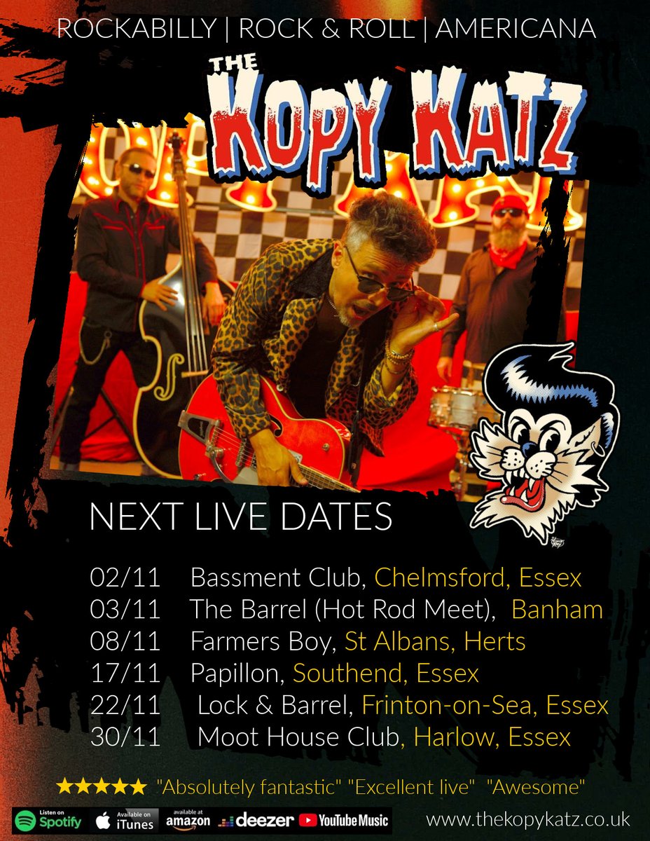 TheKopyKatz's tweet image. 💥 A fun November guys. Coming to #Chelmsford, #Banham, #StAlbans, #Southend, #Frinton and #Harlow. Hope to see u there 🎵🎶💥
