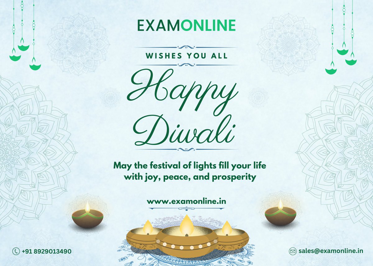 ExamOnline wishes you a joyous Diwali filled with love, light, and laughter. May this festive season bring you success in all your endeavors.   

#Diwali2024 #HappyDiwali #ExamOnline #OnlineAssessments