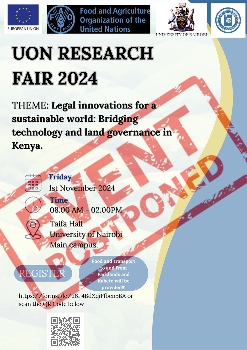 uonlj's tweet photo. We would like to inform you that the Research Fair scheduled for November 1, 2024, has been rescheduled due to the public holiday tomorrow. We are currently in the process of finalizing the new date and will communicate this information to you as soon as it is confirmed. https://t.co/KPmQL5PSpK