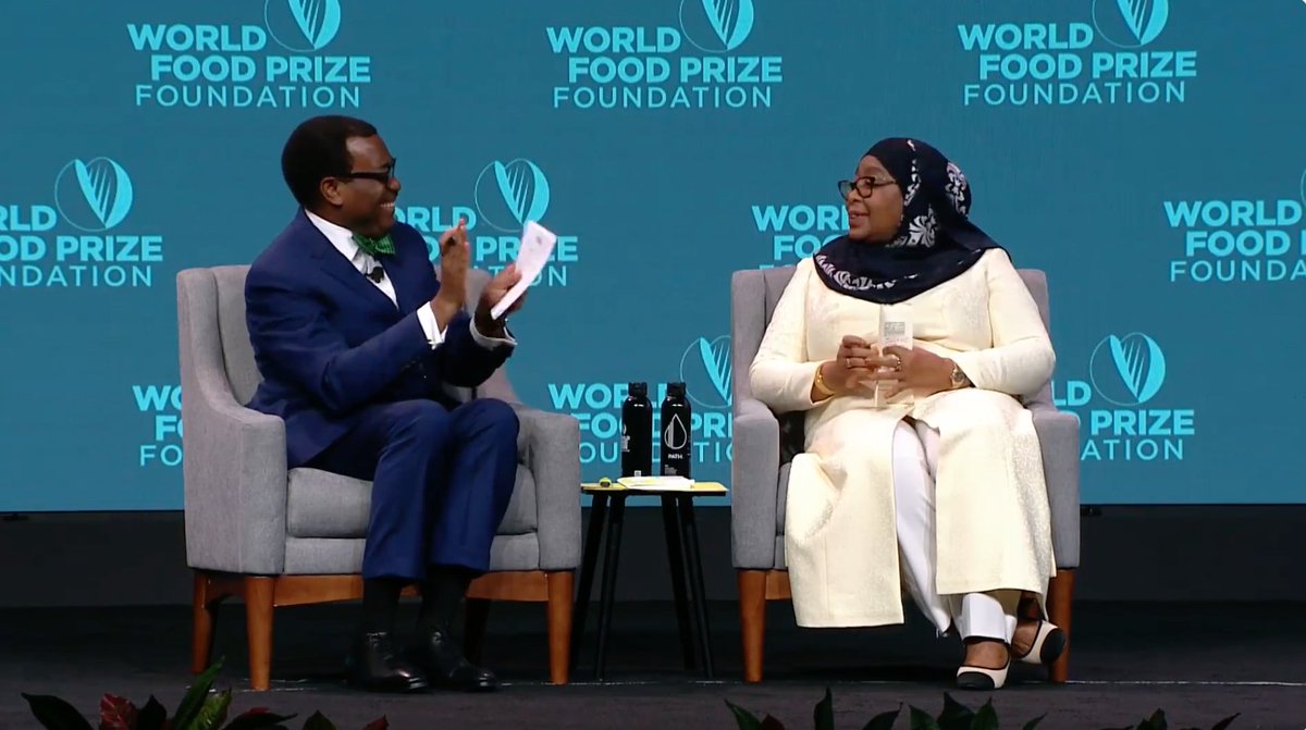 AfDB_Group's tweet photo. Pres @SuluhuSamia at #FoodPrize24: In #Tanzania, we have decided that not investing in agriculture is much more costly than investing in it. When you invest in agriculture, you reach economic growth. So we invested in #agriculture, and have now attained 128% food self-sufficiency. We are now feeding the country, and feeding the region. #FeedAfrica