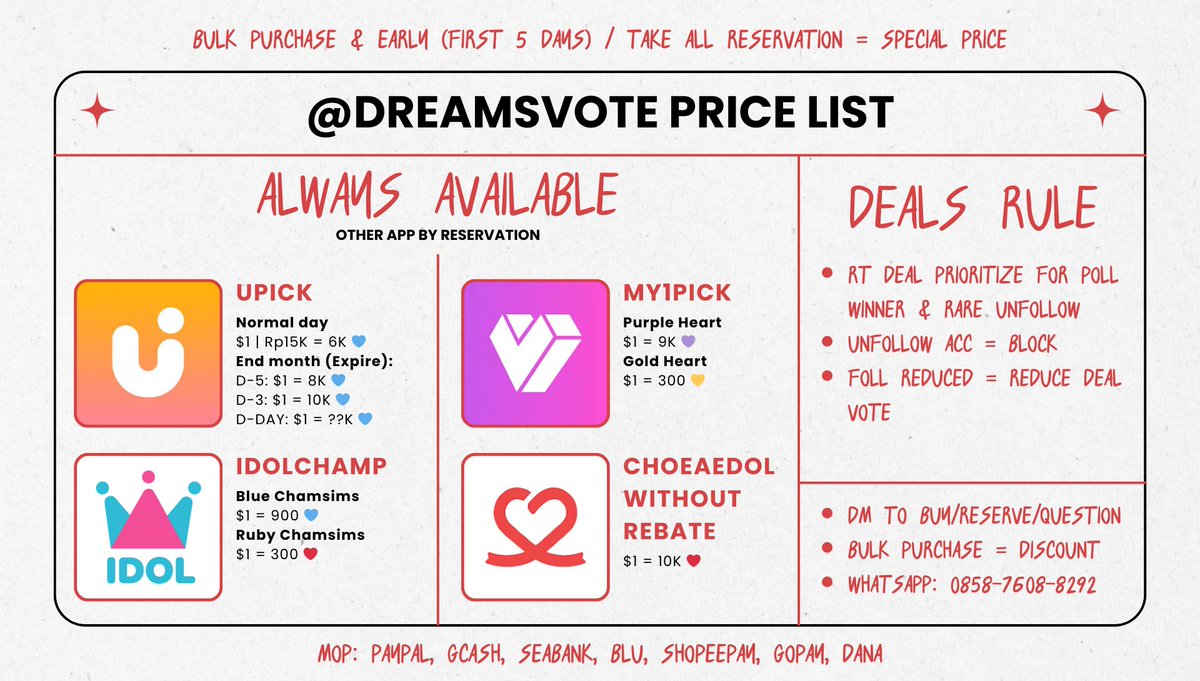 WTS KPOP VOTE PRICE LIST
AVAILABLE FOR SALE

ㅡ UPICK
✨ special price near expire check image ↓
ㅡ IDOLCHAMP
ㅡ MY1PICK
ㅡ CHOEAEDOL
ㅡ OTHER APP BY REQ

‼️ AVAILABLES ON REPLY ‼️

x.com/messages/compo…