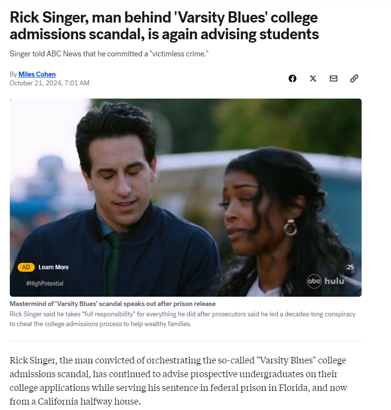 CQuintanaDC's tweet photo. Got a pitch offering Rick Singer, mastermind of Varsity Blues scandal, as a college admissions expert that did not mention where he acquired that expertise, though DID mention he had been highlighted in other media outlets. The pitch/other outlets: