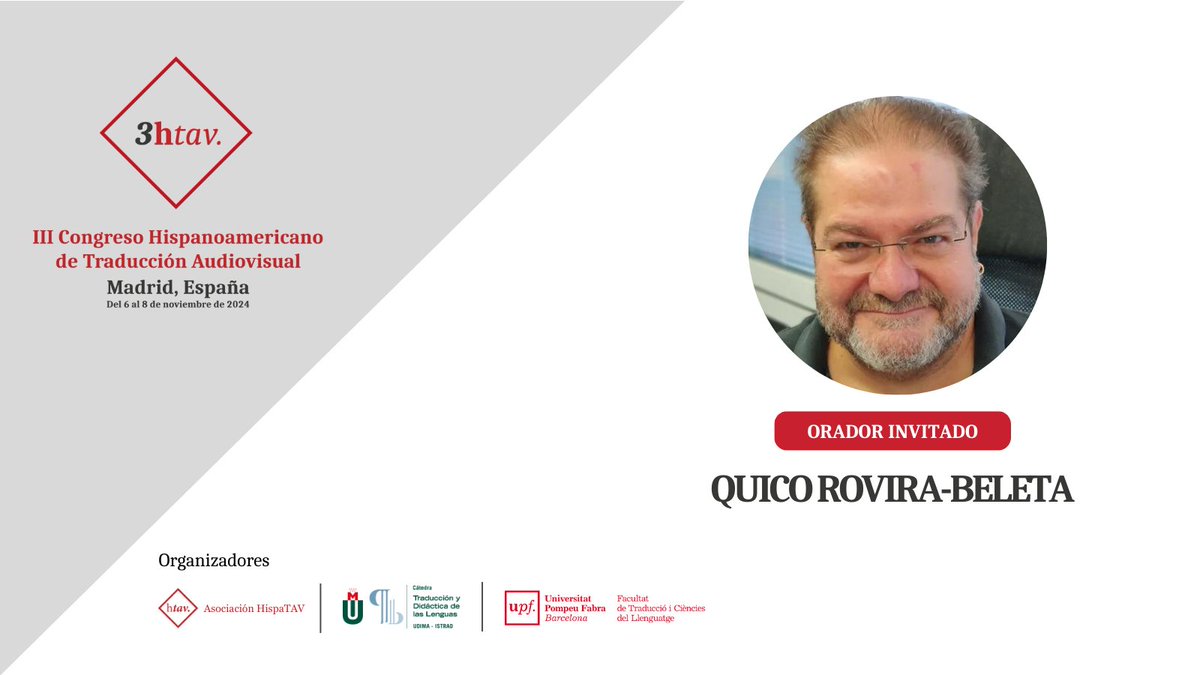 Quico Rovira-Beleta es traductor y adaptador de obras audiovisuales desde 1985. Es el traductor habitual de Star Trek, Star Wars y Marvel en España. Como orador invitado del #HispaTAV3, hablará sobre ejercicio profesional en doblaje.

Bío: hispatav.com/bios#quico