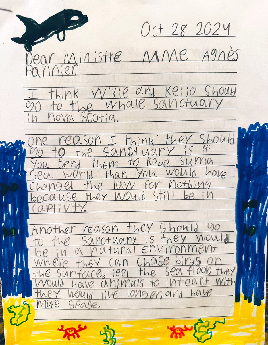 RFriend_Class's tweet image. Please read letters my students wrote to @AgnesRunacher, French Minister of Ecological Transition, to help Wikie and Keijo, the last captive orcas in France be moved to @Whale_Sanctuary instead of Kobe Suma SeaWorld in Japan. @CamilleBrunel @bayviewglenps1