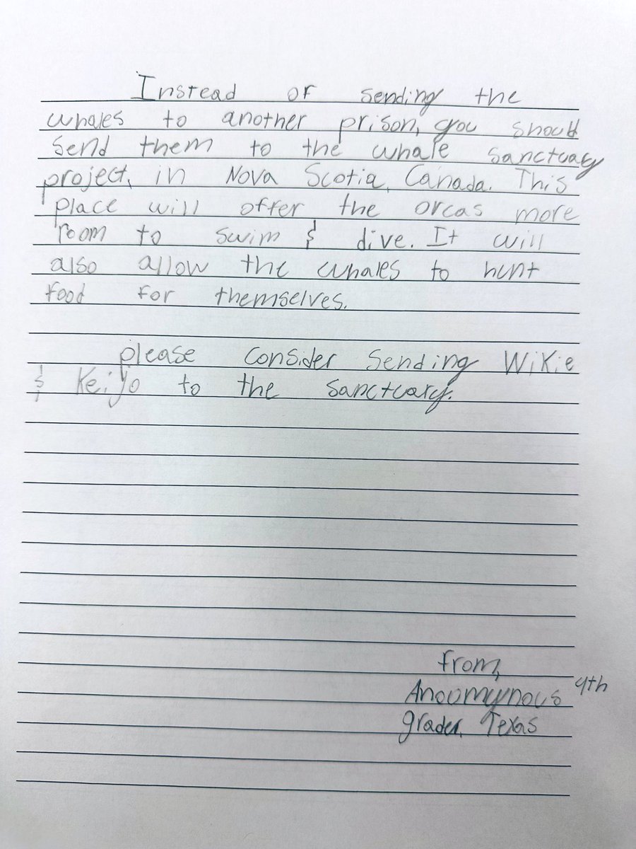 RFriend_Class's tweet image. Please read letters my students wrote to @AgnesRunacher, French Minister of Ecological Transition, to help Wikie and Keijo, the last captive orcas in France be moved to @Whale_Sanctuary instead of Kobe Suma SeaWorld in Japan. @CamilleBrunel @bayviewglenps1