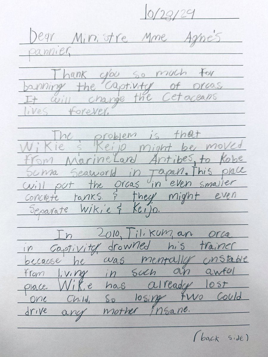RFriend_Class's tweet image. Please read letters my students wrote to @AgnesRunacher, French Minister of Ecological Transition, to help Wikie and Keijo, the last captive orcas in France be moved to @Whale_Sanctuary instead of Kobe Suma SeaWorld in Japan. @CamilleBrunel @bayviewglenps1