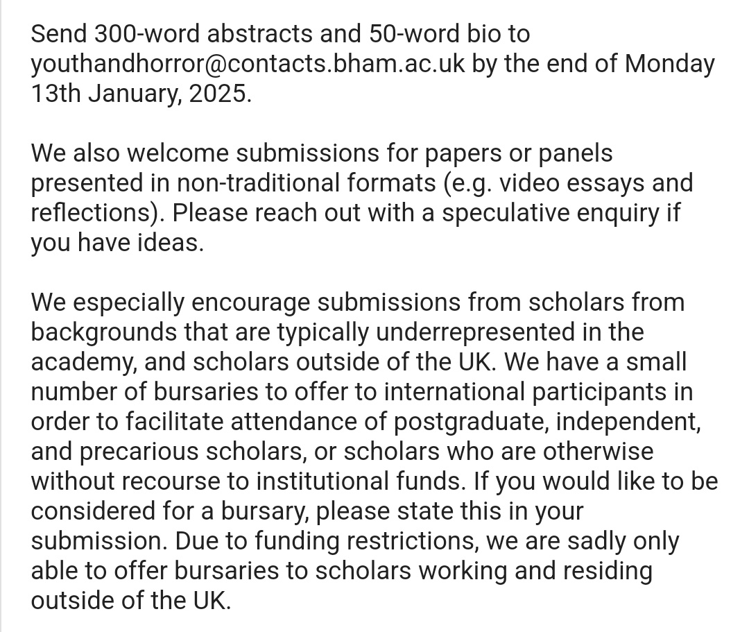 YouthandHorror's tweet photo. Before Halloween is over, we are thrilled to share the CFP for the Youth &amp; Horror conference, to take place on 1-2 July 2025 at the University of Birmingham! 👻 https://t.co/voeI1Sxaex