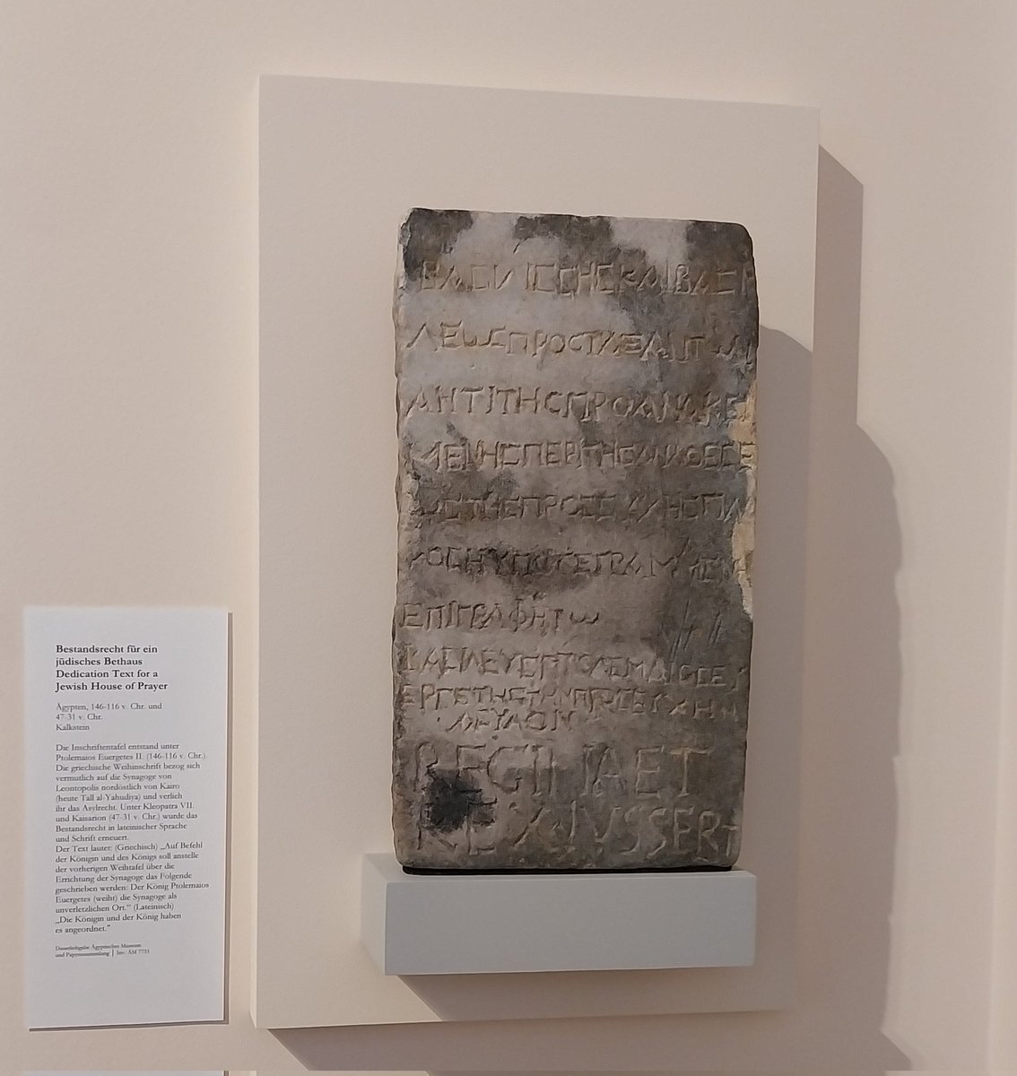 Vornerbauer's tweet image. Heute in #Berlin noch ins #bodemuseum rein geschaut. Ein Highlight für mich war diese Inschrift, die von einer Synagoge aus Kairo aus der Zeit der Ptolemäer stammt: "Der König Ptolemaios Euergetes weiht die Synagoge als unverletzlichen Ort."
Religionsfreiheit vor über 2000 Jahren