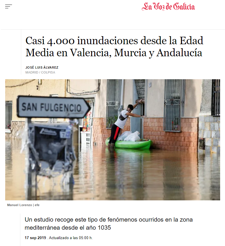 CarloDesign1's tweet photo. Casi 4.000 inundaciones desde la Edad Media en Valencia, Murcia y Andalucía  
Un estudio recoge este tipo de fenómenos ocurridos en la zona mediterránea desde el año 1035  

La Voz de Galicia (17 sep 2019)
https://t.co/LIRhY9zOH9 https://t.co/XAljp4KSLz