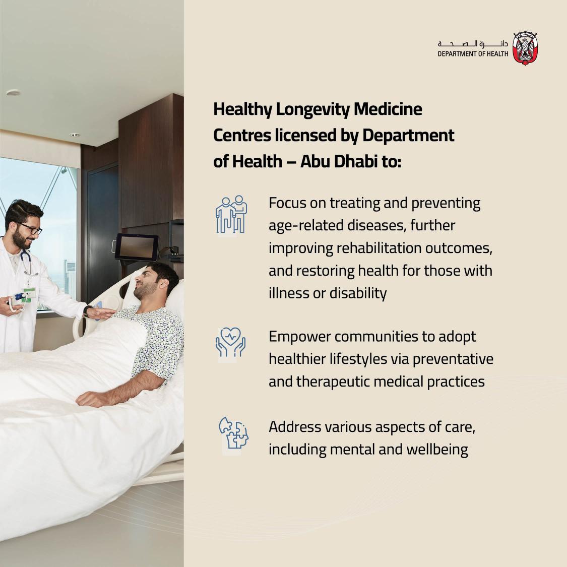 DoH has announced the development of a regulatory framework and standards for licensing and establishing "Healthy Longevity Medicine Centres," in partnership with The Institute for Healthier Living Abu Dhabi  and Healthy Longevity Medicine Society.