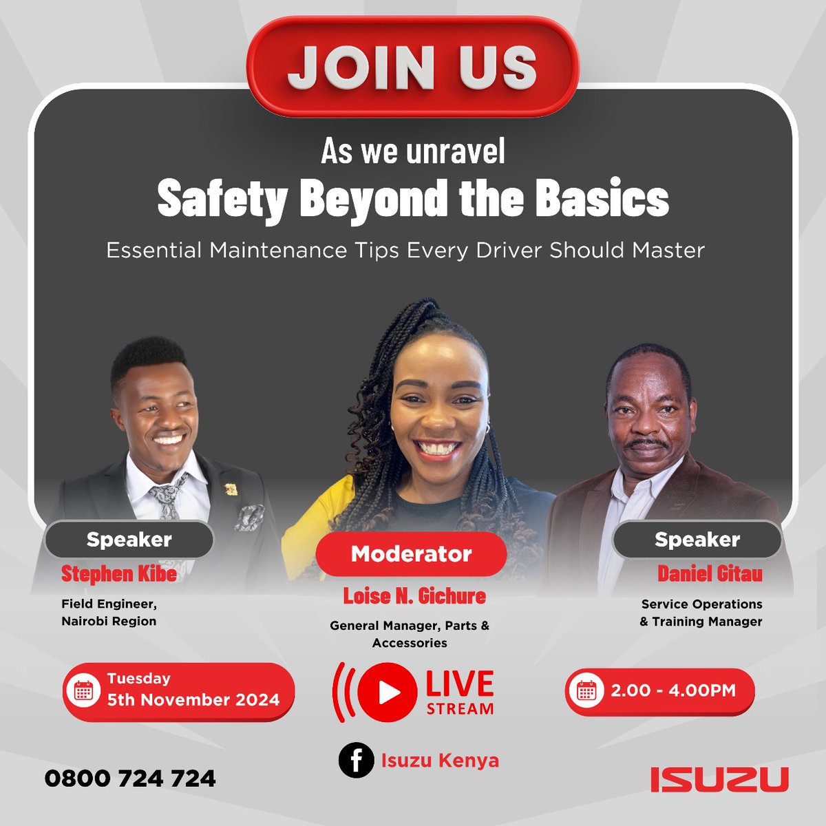 StepheneKibe's tweet photo. Let's talk about vehicles. Facebook live on 5th Nov 24. Let's learn how to take care of our Isuzu units. Join us...
@IsuzuKenya 
@isuzu https://t.co/KzkIepWLIl