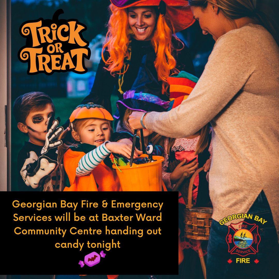 gbtownship's tweet image. 🎃👻 Get ready for some spooktacular fun! Tonight at the Baxter Ward Community Centre, Georgian Bay Fire &amp;amp; Emergency Services will be handing out candy! 🍬🚒 Bring your little ghouls and goblins for a sweet treat! 🎉 Join us for a frightfully good time! 🌟
 #HalloweenFun #GBFire