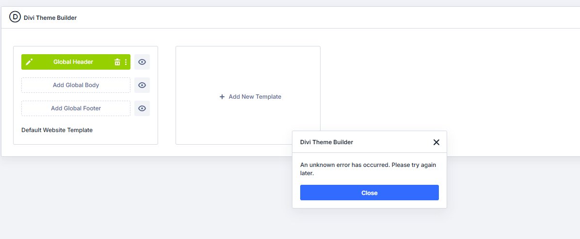 gaviotudegijon's tweet image. @elegantthemes   I&apos;m experiencing issues with the Divi Theme Builder. An &quot;unknown error&quot; keeps popping up, as shown in the attached screenshot. Could you please provide assistance on this? Thank you! #DiviBuilder #ElegantThemes #Divi
