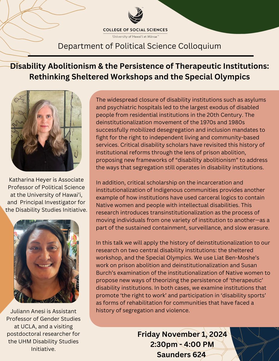 Come join us! Featuring Katharina Heyer and Juliann Anesi on Friday November 1st, 2:30-4:00pm, in Saunders 624!

#politicalscience#gobows#uhmanoa