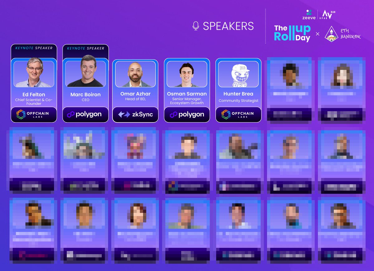 The first wave of Zeeve Rollup Day X @ethbkkofficial  speakers are here, and it's already FIRE! 🔥

We've got @0xMarcB (CEO, @0xPolygon) @EdFelten (Co-Founder and Chief Scientist, @OffchainLabs), Omar Azhar (Head of BD, ZKSync), @_ossman_ (Senior Manager, Ecosystem Growth, @0xPolygon), @BFreshHB  (Community Strategist, @OffchainLabs) and Matt Schmenk (Senior BD Associate, @AvaLabs) ready to dive deep into rollups.

But that's just the tip of the iceberg!✨A dozen more industry titans are waiting to be revealed.

Don't miss out on your chance to learn from the best and network with the brightest minds in Web3.

Head over to 🌟 https://t.co/yWtEuTXeAB🌟 and register NOW! Limited spots available! ⏳

#ZeeveRollupDay #EthBangkok #Devconsea #Rollups #Web3 #Blockchain #Bangkok #RegisterNow @arbitrum @avax