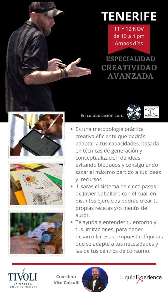 📢 ¡Formación exclusiva de Coctelería Creativa en Tenerife! 🍸

La Asociación de Barmans de Tenerife se enorgullece en colaborar en una formación única de coctelería creativa, guiada por el reconocido mixólogo Javier Caballero.