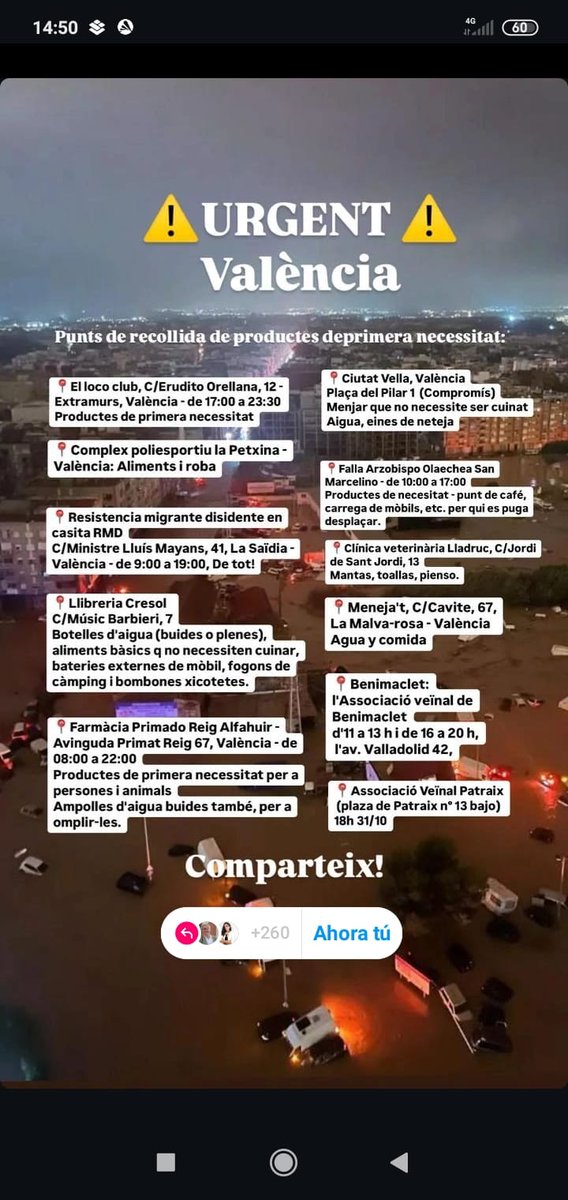 🔴 Puntos de recogida de productos de primera necesidad: agua, ropa, material sanitario/higiénico, mantas, alimentos no perecederos...

Por favor difundid. #Valencia #Dana #AyudaHumanitaria #Solidaridad