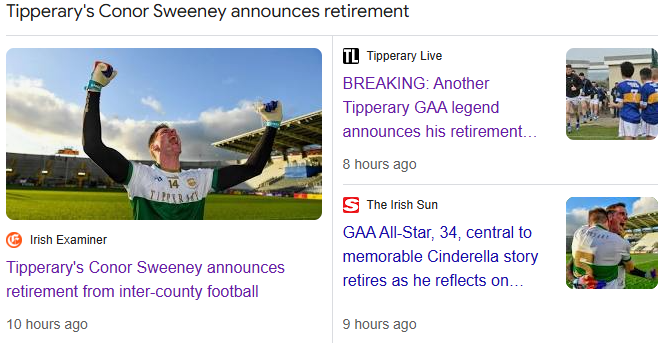 So long <a href="/sweeney_con/">Conor Sweeney</a>. One of those players who numbers were in the, 'Wait, let me check that again' category. The <a href="/TipperaryGAA/">Tipperary GAA</a> and <a href="/BallyporeenGAA/">CLG Béal Átha Póirín</a> ace made 143 apps, 85 in championship. Since 2010 he scored 46-462 (600) averaging an amazing 4.2 points/game! A real modern legend.
