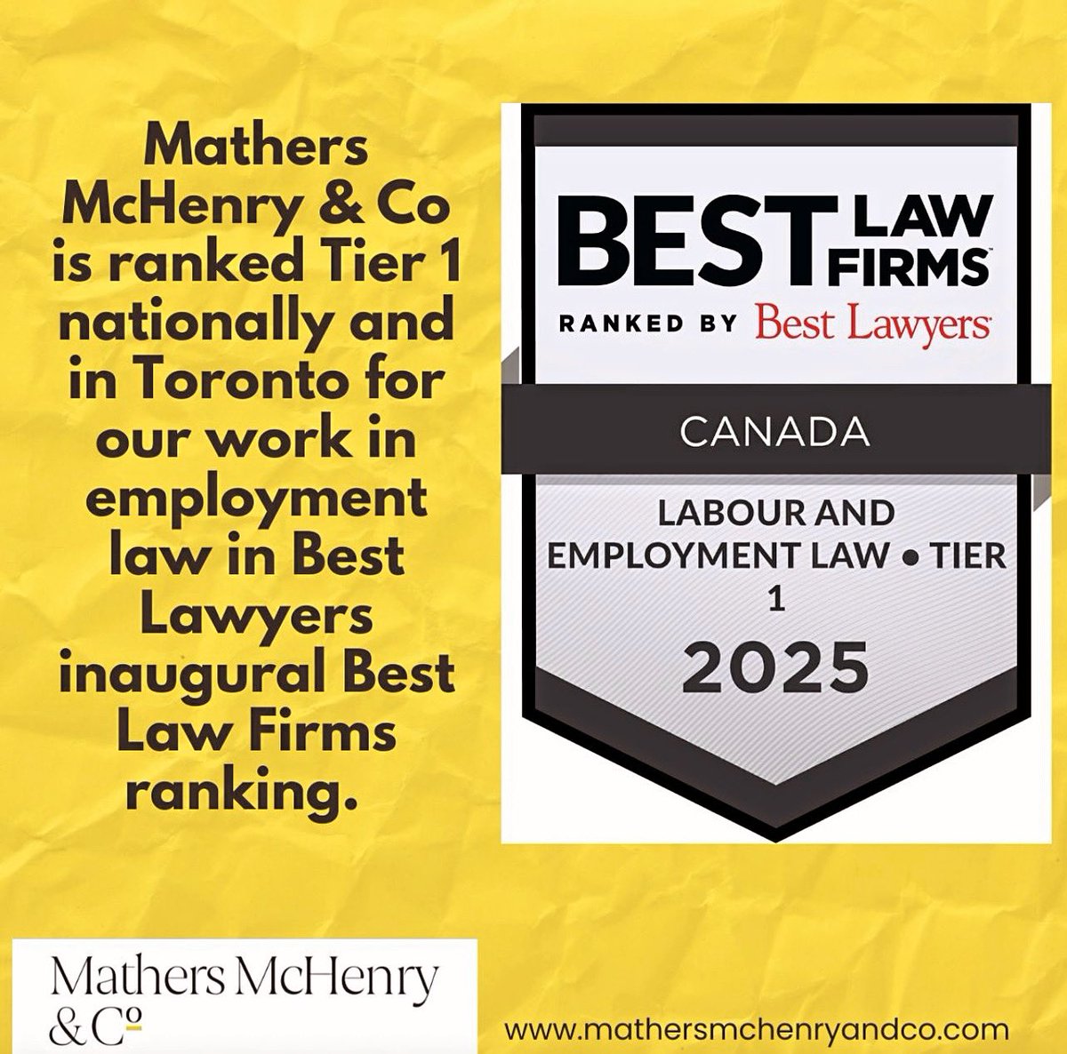 Proud of the team. First ever Best Law Firms in Canada. Ranked Tier 1 nationally and in Toronto for Employment Law.