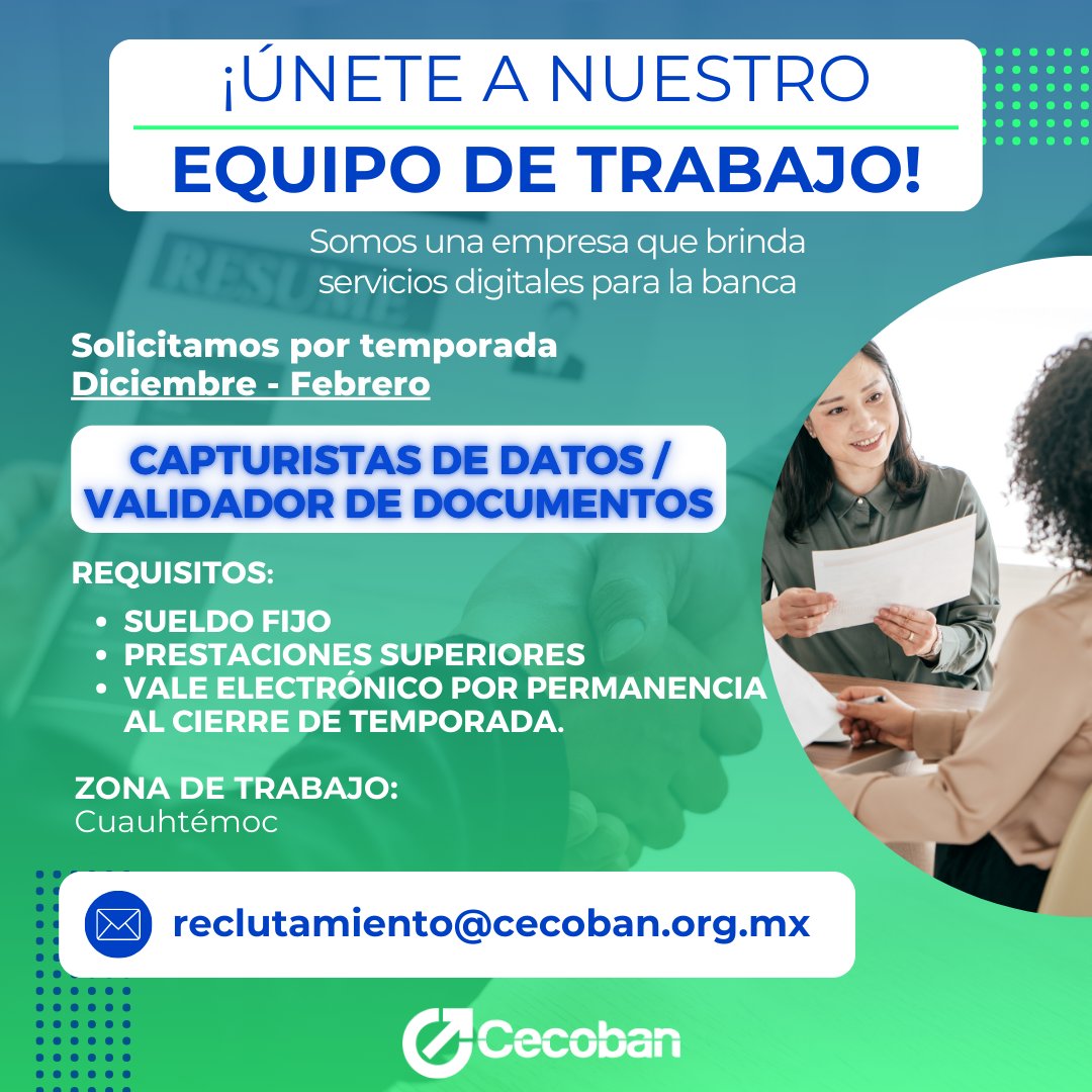 ¡Únete a nuestro equipo de trabajo!

¿Qué requisitos debes cumplir?

✨Experiencia mínima de 6 meses en actividades administrativas de captura.
✨Revisión y manejo de documentos físicos y digitales.
✨Certificado de bachillerato.

Envíanos tu CV: reclutamiento@cecoban.org.mx