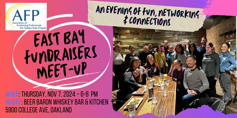 GoldenGateAFP's tweet image. Nonprofit fundraisers in East Bay! Join us Nov 7 for our final social meet-up of 2024 for an evening of fun, networking, and connections at Beer Baron Whiskey Bar &amp;amp; Kitchen in Oakland. You don't need to be an AFP member to attend. See you there!

RSVP: afpgoldengate.glueup.com/event/east-bay…