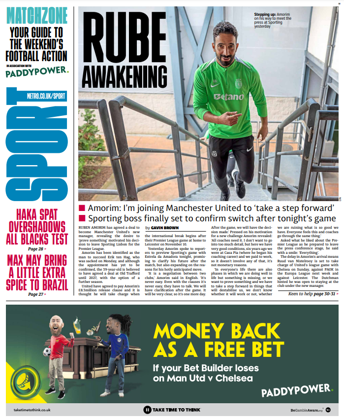metrosportHQ's tweet photo. Amorim ready to step up at Man United with his confirmation as boss imminent... it's Friday's back page https://t.co/RoLzoWlWXY
