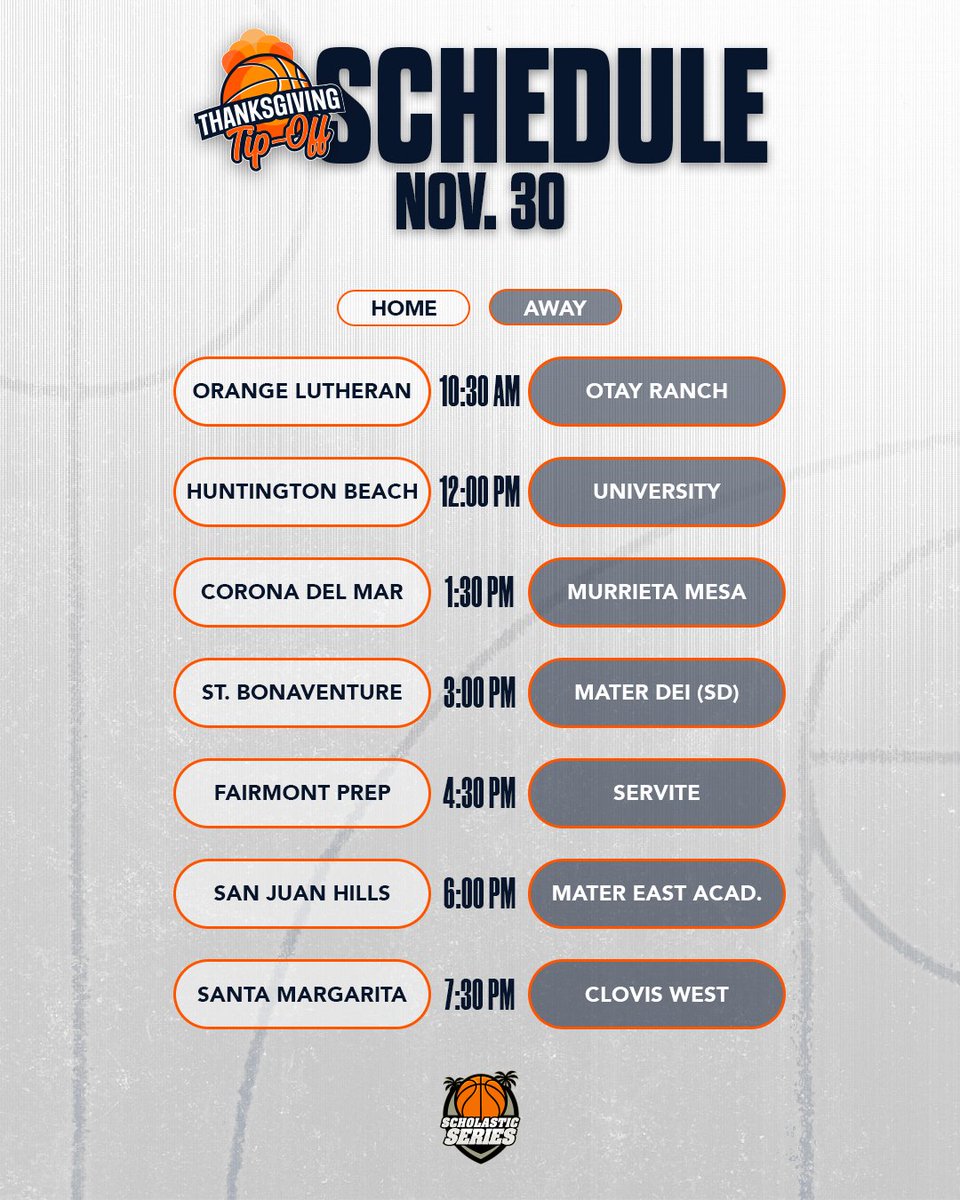 ScholSeries's tweet photo. Mark your calendars 👀

Nov. 30th at Santa Margarita HS, some HIGH-LEVEL matchups for the #ThanksgivingTipOff 🔥🔥 https://t.co/uTPXwNkdoP