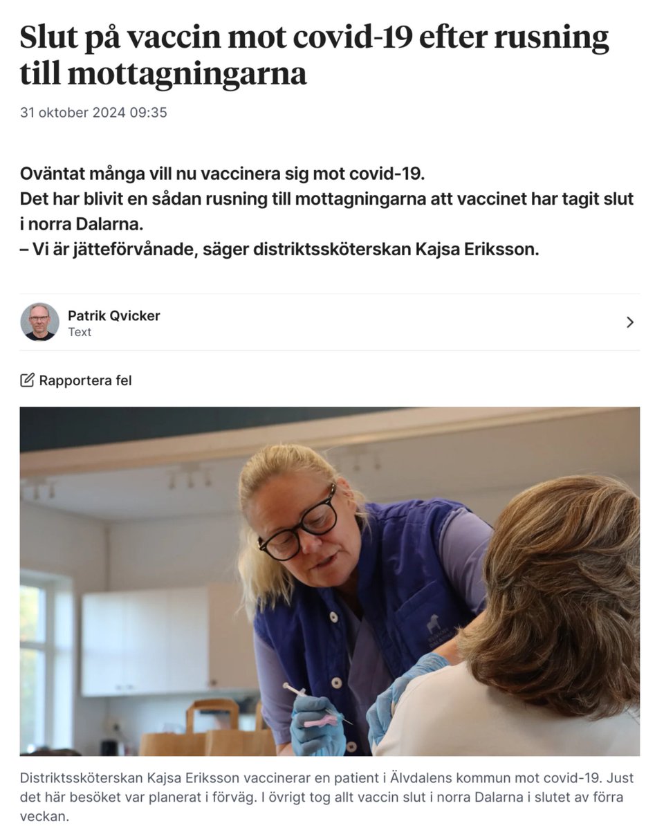 Smittskydd's tweet photo. "Många fler än vården trodde vill vaccinera sig.

Till sist var lagret tomt.

– Det tog slut i fredags [...] Smittskyddet har ju inte gått ut med några extra förmaningar att vaccinera sig, så vi är jätteförvånade över att det är så många som vill vaccinera sig." https://t.co/Kojout56zK