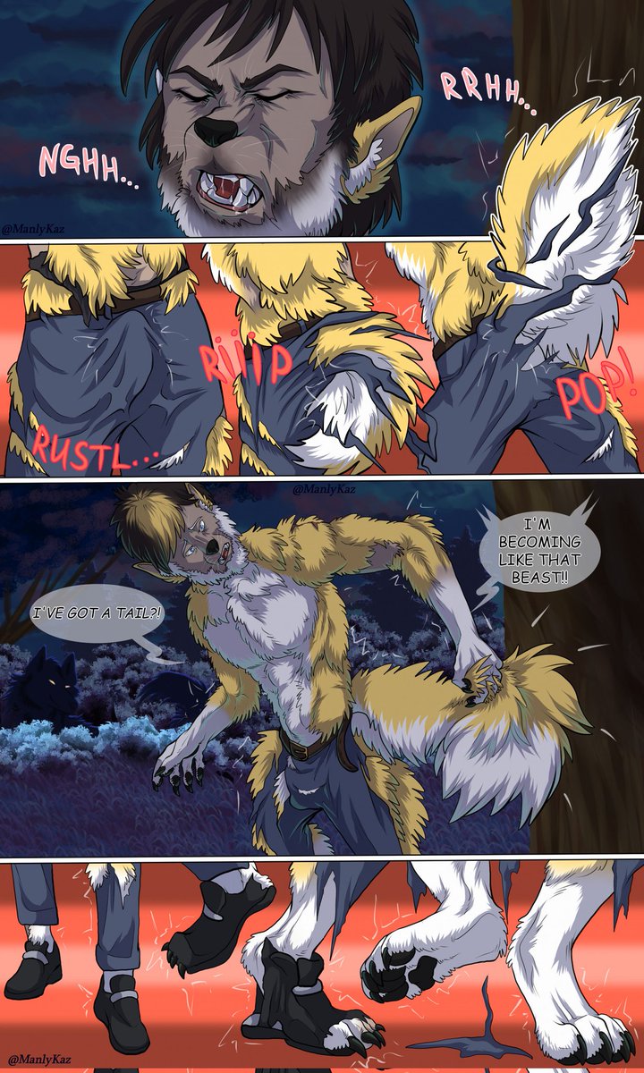 charrburn's tweet photo. For the final day of #Octransfur and #Weretober2024, here's a werewolf transformation comic, so I guess it also counts as a late #TFTuesday and #WerewolfWednesday, eh? Don't go for late night walks in the forest or you might stumble into @ManlyKaz. Happy #halloween2024!!! https://t.co/h1C40SN3JB