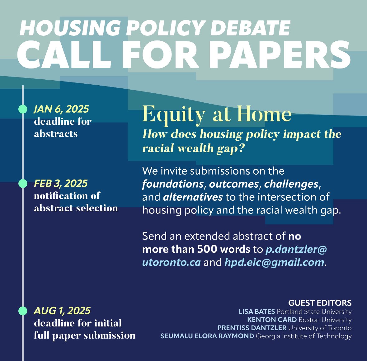 Housing Policy Debate Journal has opened a call for papers exploring the question "How does housing policy impact the racial wealth gap?"  (1/2)