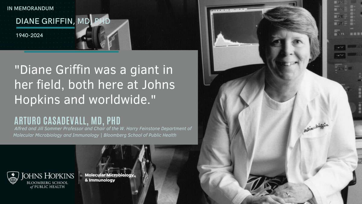 Molecular Microbiology and Immunology at JHSPH (@johnshopkinsmmi) on Twitter photo We're sad to share that Diane Griffin, a pioneering infectious disease virologist, scientific leader & esteemed <a href="/JohnsHopkins/">Johns Hopkins University</a> Prof has passed away. She was a world-renowned #expert on #measles, #HIV & #malaria, w/accomplishments spanning 6 decades bit.ly/3YW0cVX We're sad to share that Diane Griffin, a pioneering infectious disease virologist, scientific leader & esteemed <a href="/JohnsHopkins/">Johns Hopkins University</a> Prof has passed away. She was a world-renowned #expert on #measles, #HIV & #malaria, w/accomplishments spanning 6 decades bit.ly/3YW0cVX