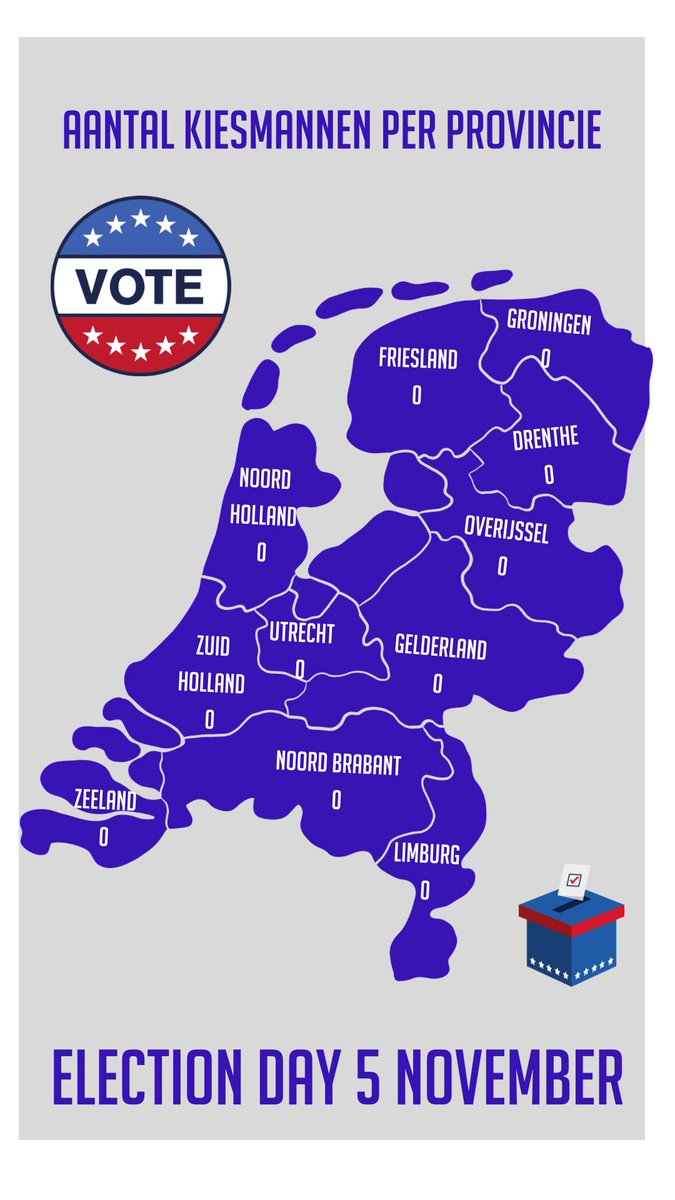 DieTukkerfries's tweet photo. Aanstaande dinsdag is het zo ver! 

De bloedstollende verkiezingen in de VS worden ook in Nederland nauwlettend gevolgd. Maar hoe werkt dat kiestelsel ook alweer?

Op deze handige kaart is exact te zien hoeveel kiesmannen er op #electionday2024 in onze provincies te winnen zijn. https://t.co/BALH14iTQd