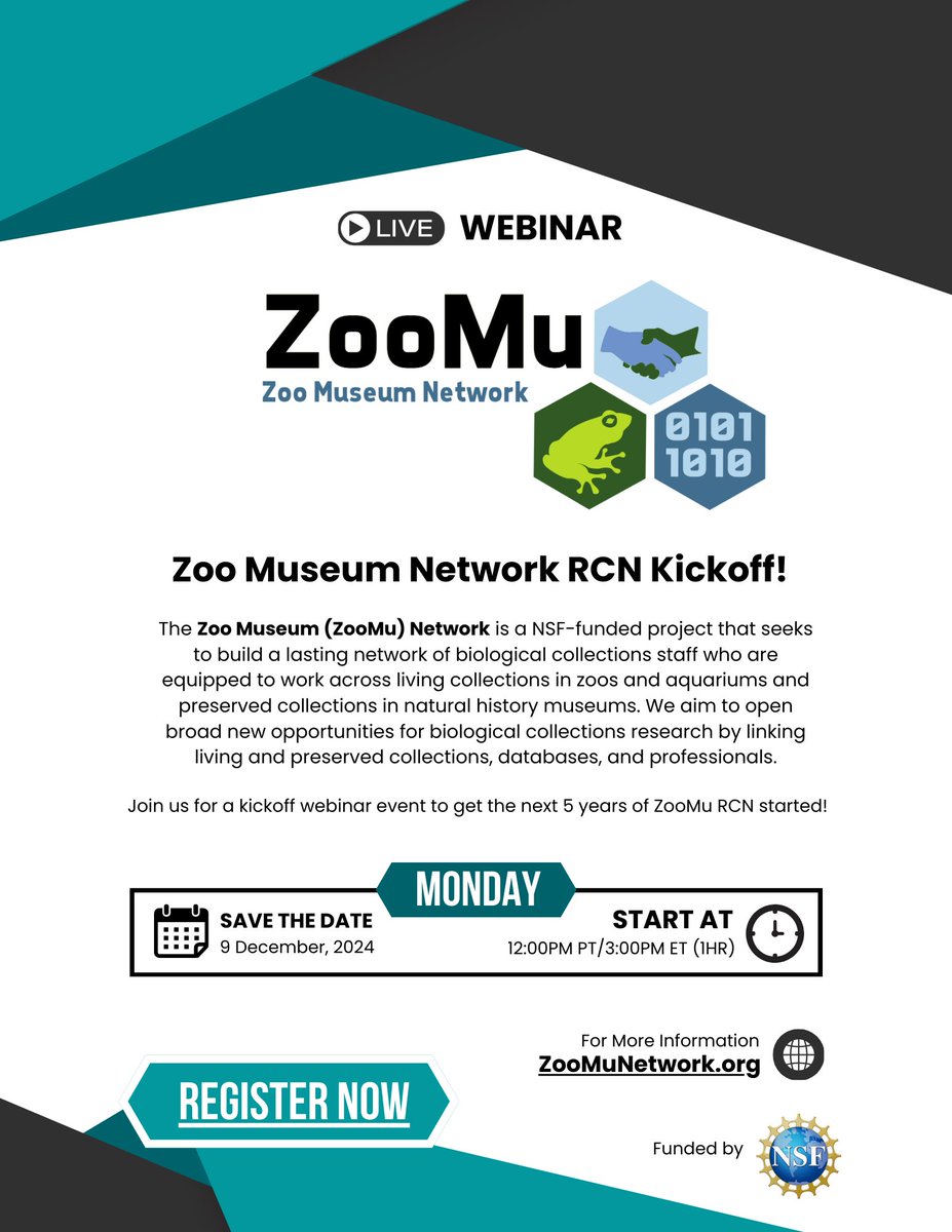 SinlanPoo's tweet photo. Zoo Museum #ZooMu Network RCN Kickoff Webinar!
🐠🔬👩🔬🧬🐘
Come hear about our plans for this NSF-funded project to increase the bonds b/t #LivingCollections at #Zoos and #Aquariums and #PreservedCollections at #NaturalHistoryMuseums !
@S_M_Whitfield @cylon_gecko #AZA #ZooResearch https://t.co/kJNwqLkYXn