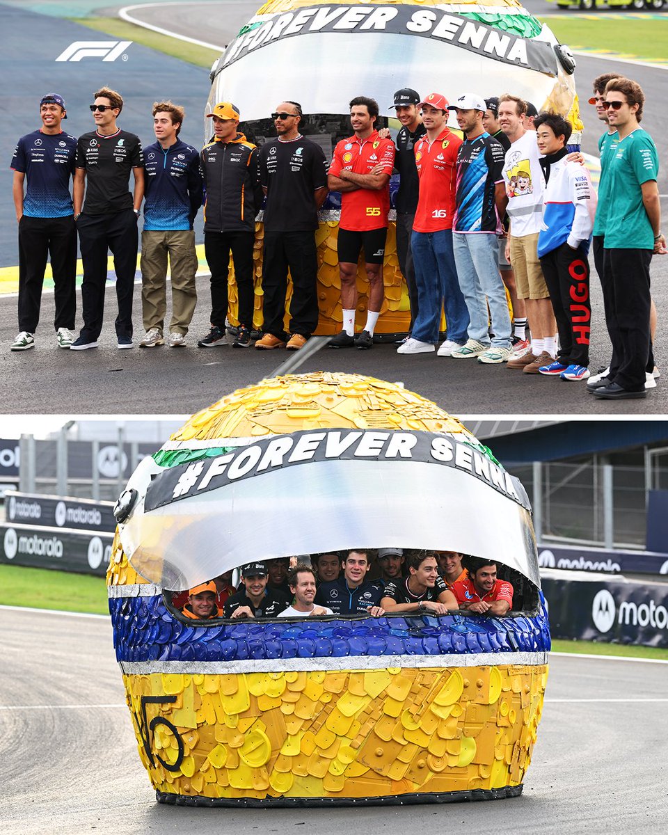 F1's tweet photo. Nothing to see here. Just 16 F1 drivers inside a giant Ayrton Senna helmet 🤔

#F1 #BrazilGP https://t.co/tRRUJMLWsC