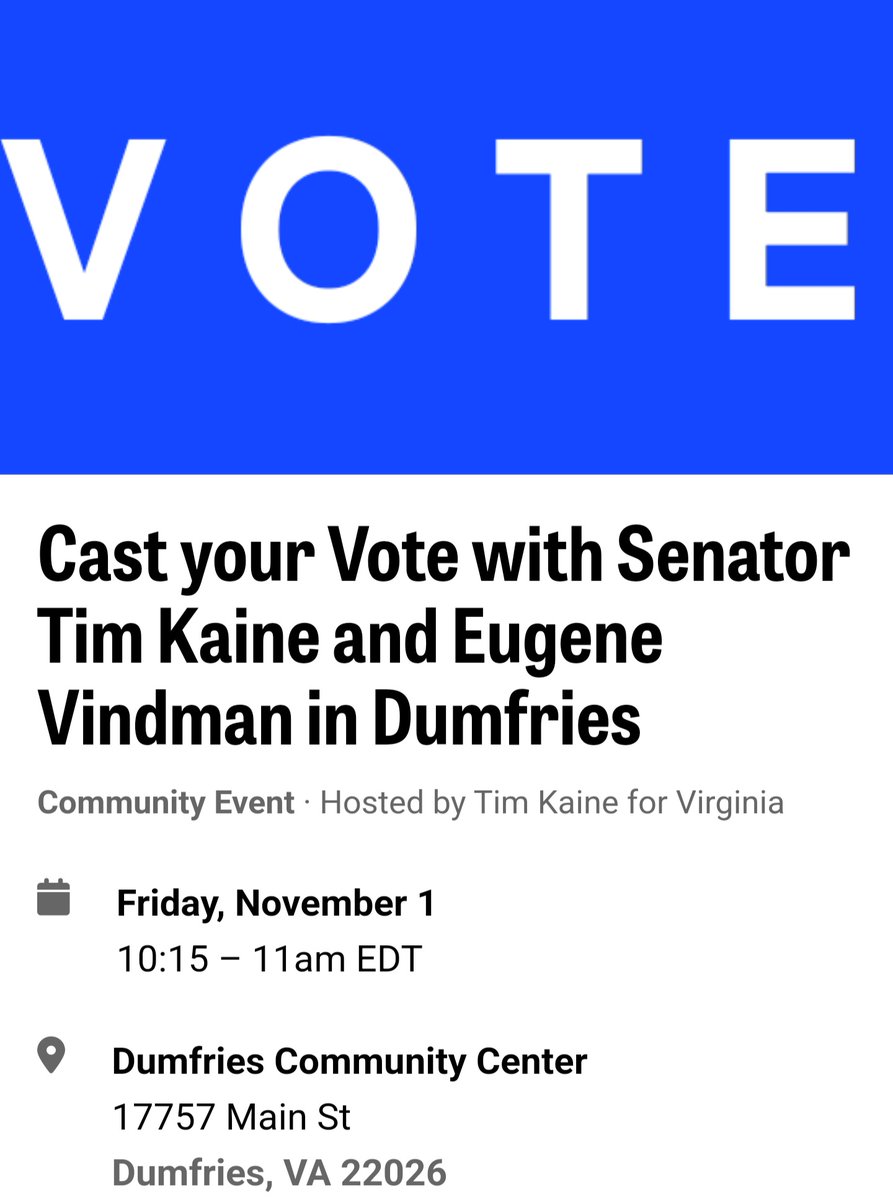 Cast your Vote with Senator <a href="/timkaine/">Tim Kaine</a>  and <a href="/YVindman/">Eugene Vindman</a> in Dumfries tomorrow morning!

mobilize.us/mobilize/event…