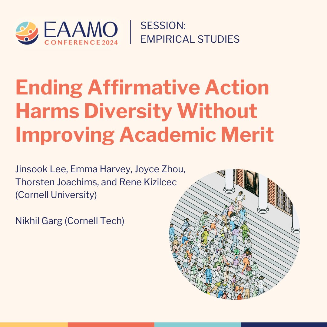 EAAMO (@eaamo_org) on Twitter photo In the final presentation session, a team from <a href="/Cornell/">Cornell University</a> examines the impacts of ending #affirmativeaction on college admissions. Their findings reveal that removing race from applicant ranking algorithms harms diversity without increasing academic merit. #HigherEd 👨🎓 In the final presentation session, a team from <a href="/Cornell/">Cornell University</a> examines the impacts of ending #affirmativeaction on college admissions. Their findings reveal that removing race from applicant ranking algorithms harms diversity without increasing academic merit. #HigherEd 👨🎓